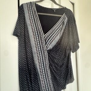 Lucky Brand Blue Printed Faux-Wrap Tunic with Striped Panel